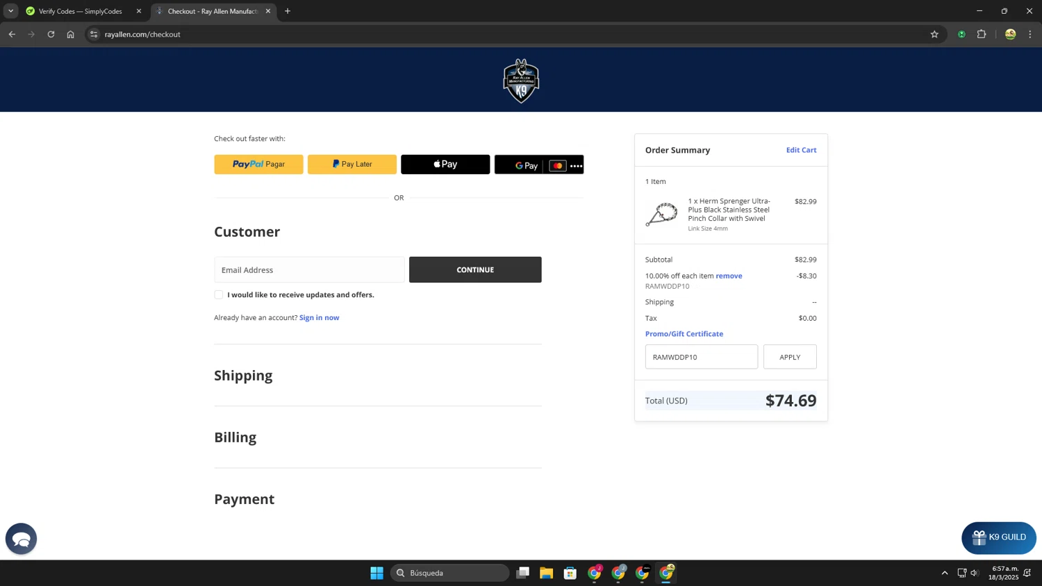 Ray Allen Manufacturing promo code screenshot showing code RAMWDDP10 applied at Ray Allen Manufacturing checkout page. Uploaded by SimplyCodes community member Leoncio on Mar 18, 2025
