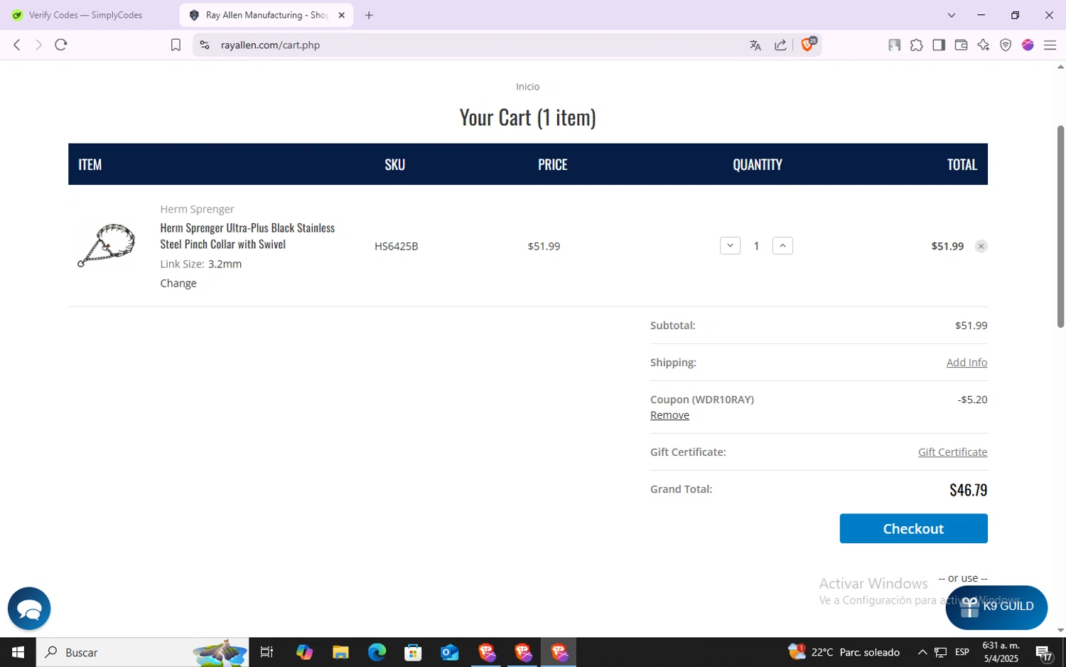 Ray Allen Manufacturing promo code screenshot showing code WDR10RAY applied at Ray Allen Manufacturing checkout page. Uploaded by SimplyCodes community member VoucherSpotter6910 on Apr 5, 2025