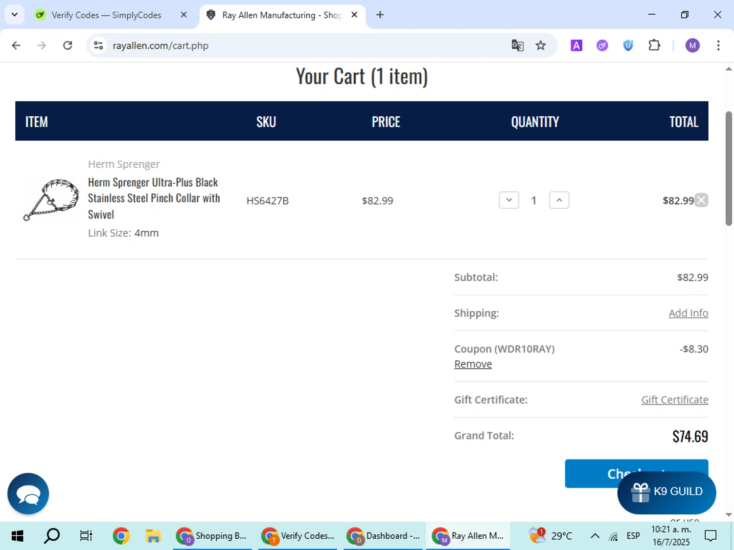 Ray Allen Manufacturing promo code screenshot showing code WDR10RAY applied at Ray Allen Manufacturing checkout page. Uploaded by SimplyCodes community member VoucherScout6115 on Jul 16, 2025