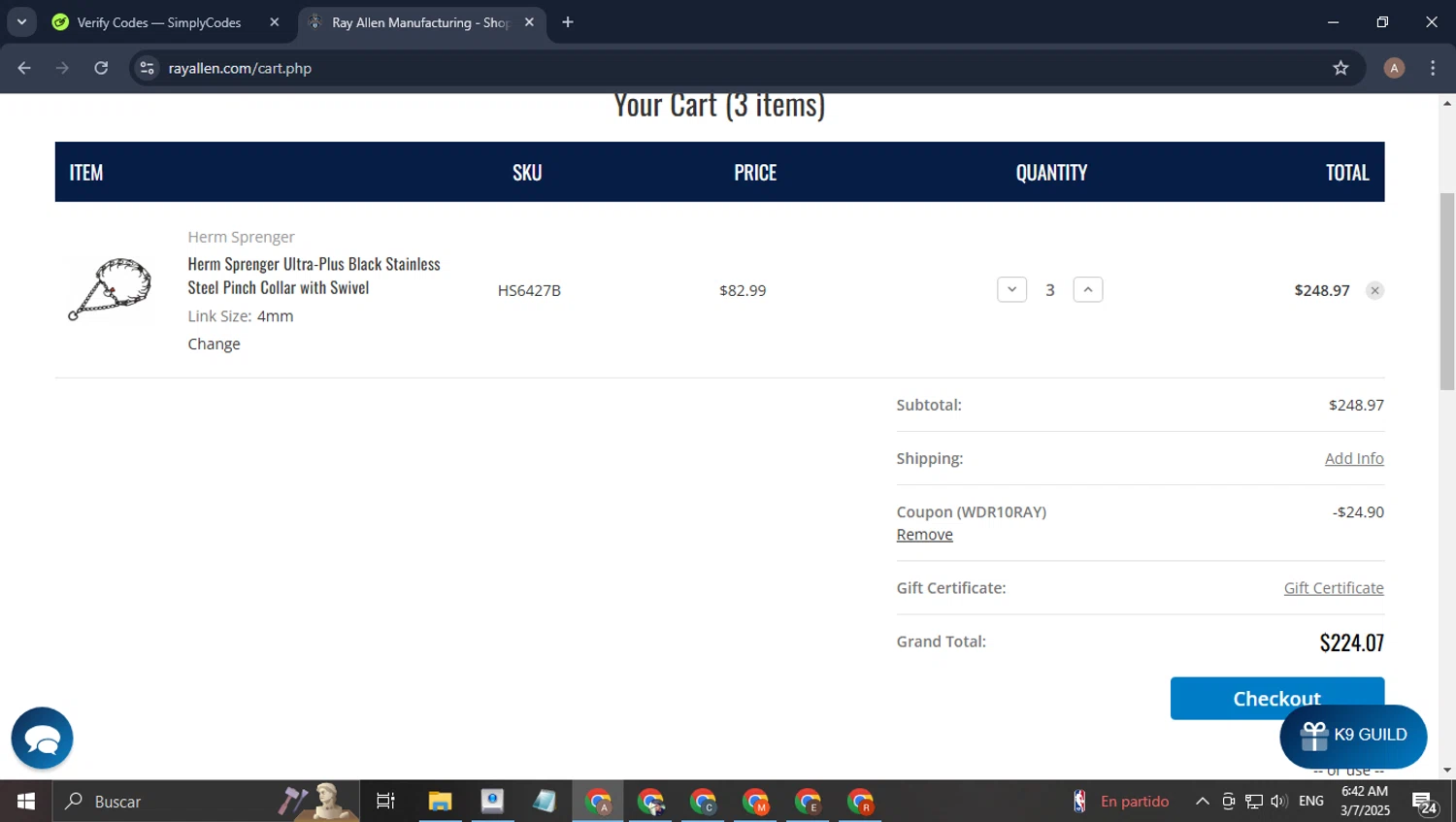 Ray Allen Manufacturing promo code screenshot showing code WDR10RAY applied at Ray Allen Manufacturing checkout page. Uploaded by SimplyCodes community member CoinHunter8661 on Mar 7, 2025