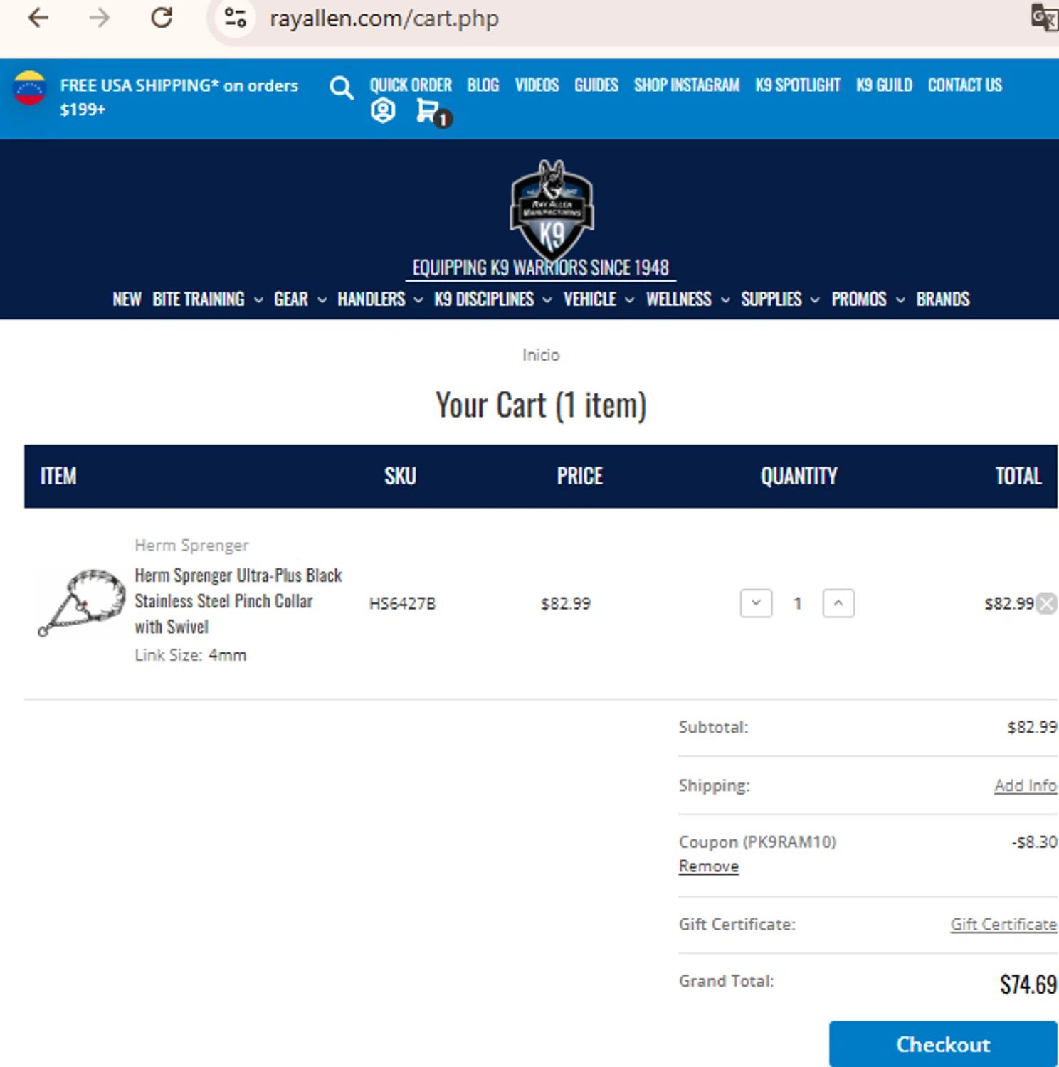 Ray Allen Manufacturing promo code screenshot showing code PK9RAM10 applied at Ray Allen Manufacturing checkout page. Uploaded by SimplyCodes community member BudgetLion5814 on Dec 26, 2025