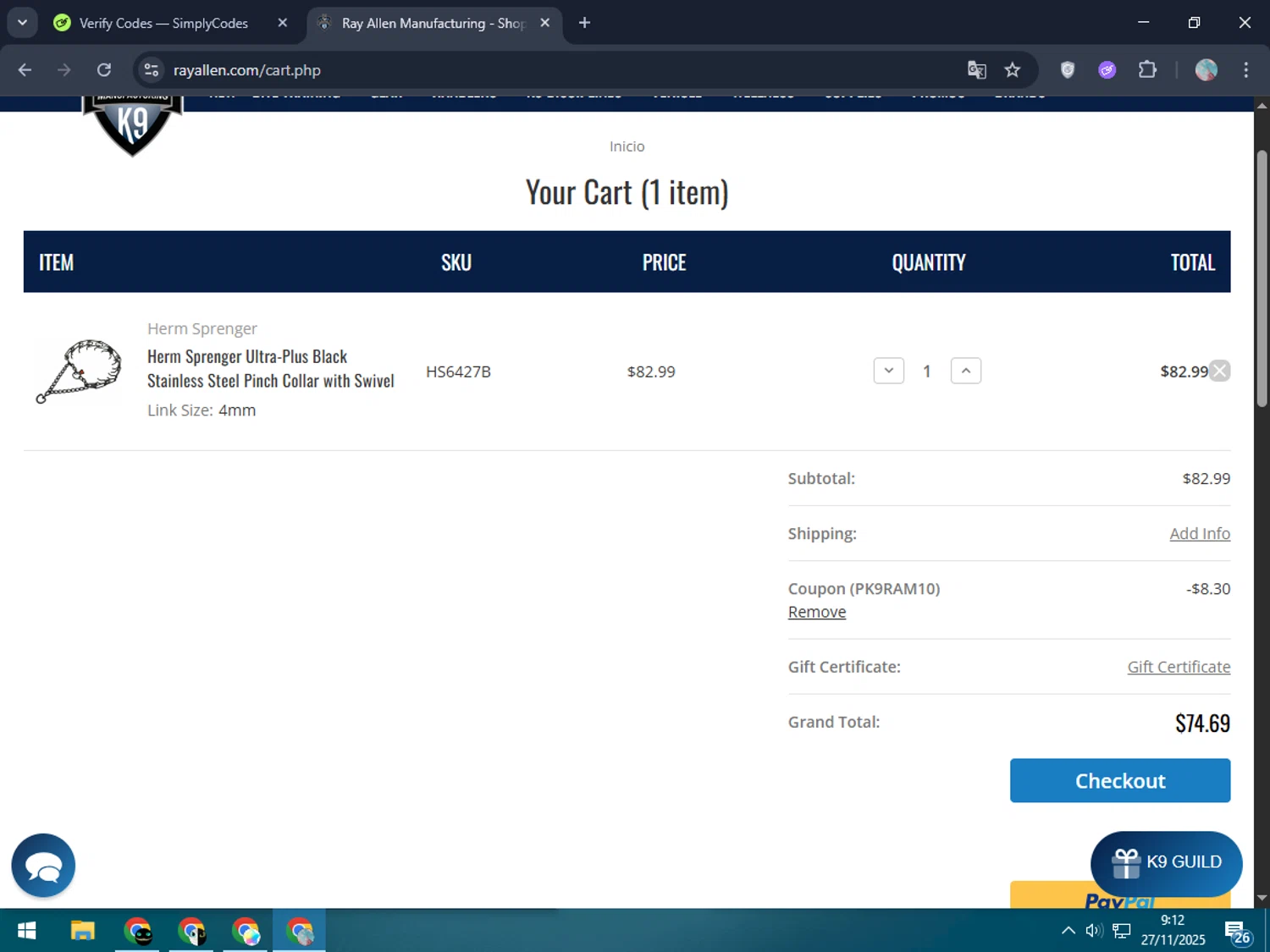 Ray Allen Manufacturing promo code screenshot showing code PK9RAM10 applied at Ray Allen Manufacturing checkout page. Uploaded by SimplyCodes community member LegendaryPro7106 on Nov 27, 2025