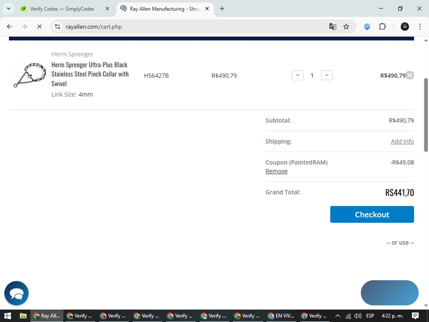 Ray Allen Manufacturing promo code screenshot showing code PAINTEDRAM applied at Ray Allen Manufacturing checkout page. Uploaded by SimplyCodes community member ValueElite5945 on Nov 2, 2025