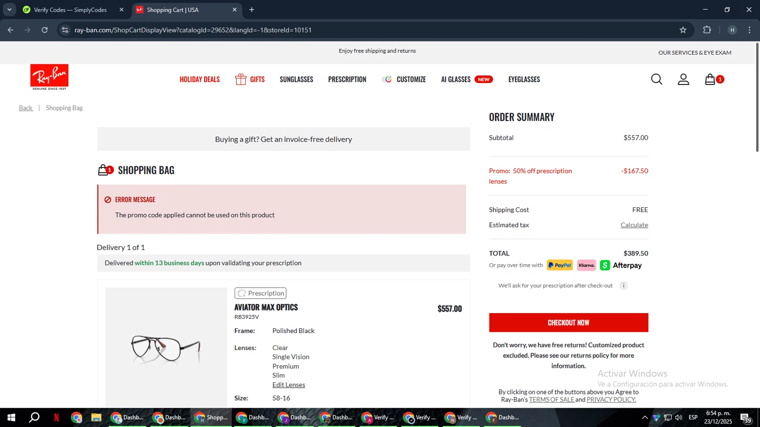 Ray-Ban checkout page showing Ray-Ban promo code box | Screenshot taken by SimplyCodes community member on Dec 23, 2025