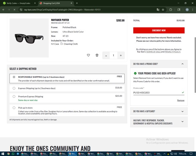 Ray-Ban checkout page showing Ray-Ban promo code box | Screenshot taken by SimplyCodes community member on Aug 23, 2025