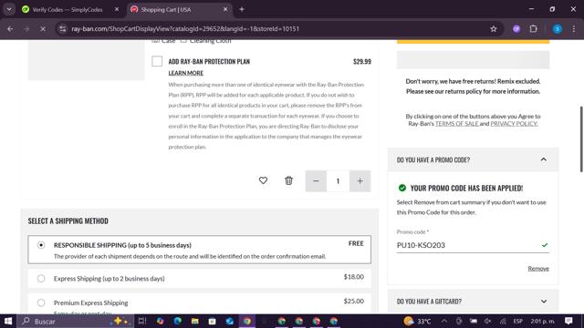 Ray-Ban checkout page showing Ray-Ban promo code box | Screenshot taken by SimplyCodes community member on Sep 20, 2025