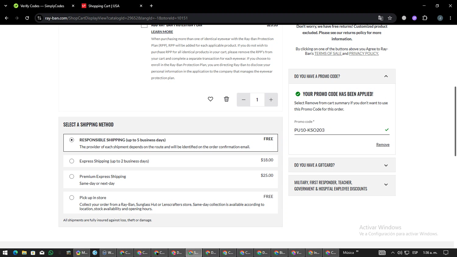 Verification screenshot for $10 Off Select Items at Ray-Ban - 7d ago