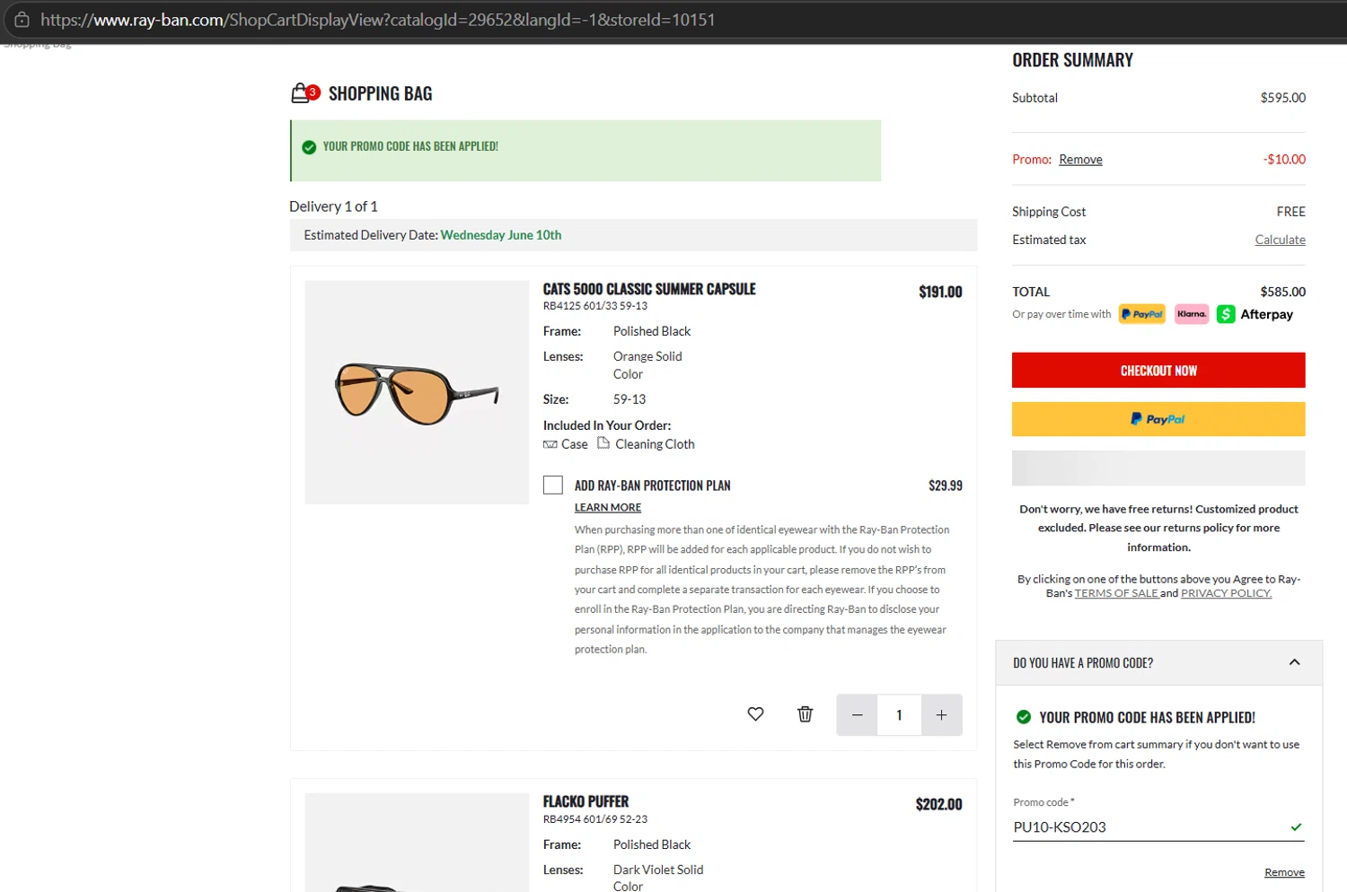 Verification screenshot for $10 Off Select Items at Ray-Ban — 2d ago