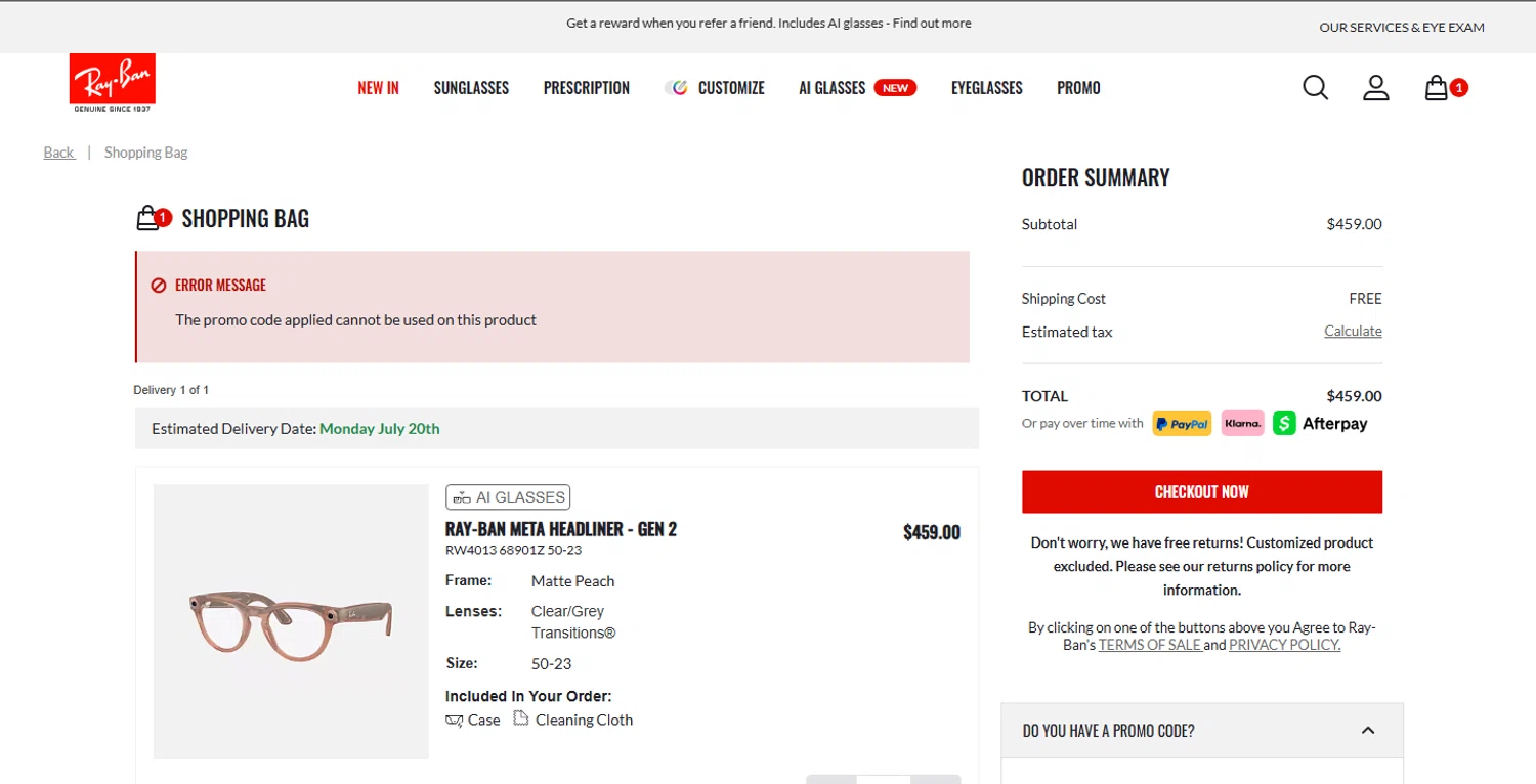 Verification screenshot for $10 Off Select Items at Ray-Ban - 10d ago