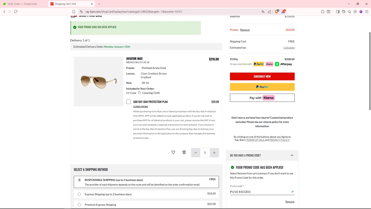 Ray-Ban checkout page showing Ray-Ban promo code box | Screenshot taken by SimplyCodes community member on Jan 3, 2026