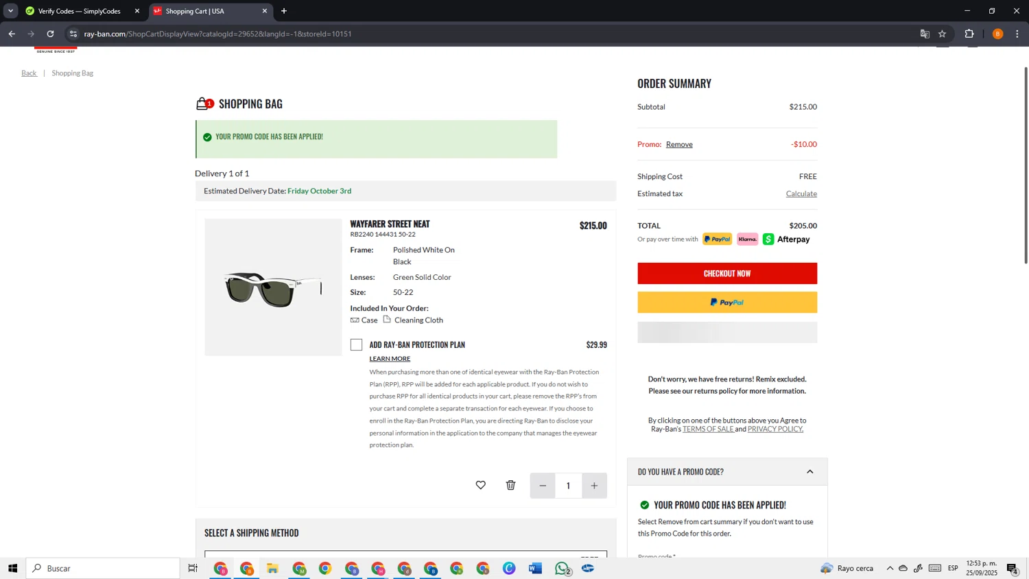 Ray-Ban promo code screenshot showing code PU10-KSO203 applied at Ray-Ban checkout page. Uploaded by SimplyCodes community member VoucherSage2253 on Sep 25, 2025