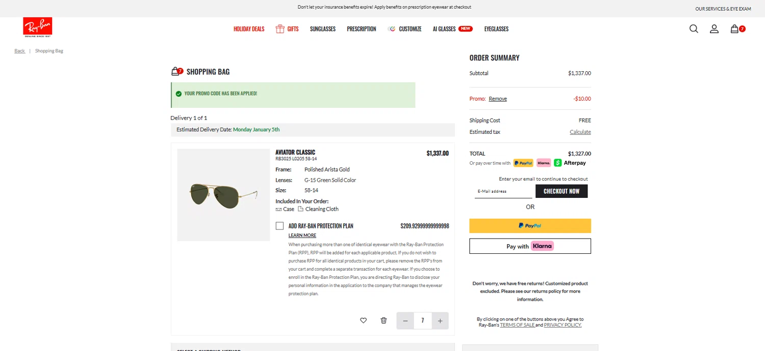 Ray-Ban promo code screenshot showing code PU10-KSO203 applied at Ray-Ban checkout page. Uploaded by SimplyCodes community member pradenest_e8ec on Dec 28, 2025