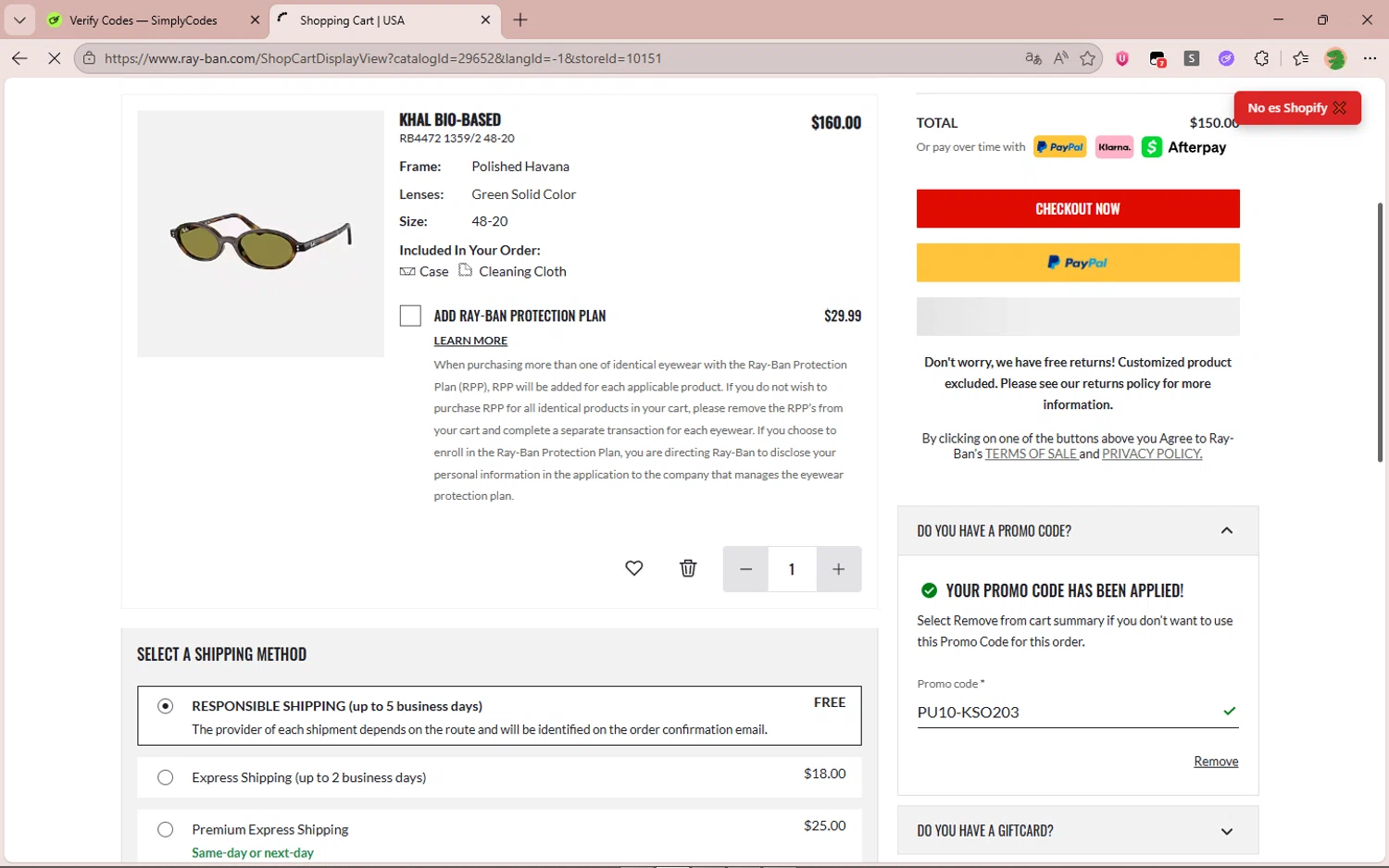 Verification screenshot for $10 Off Select Items at Ray-Ban — 2mo ago
