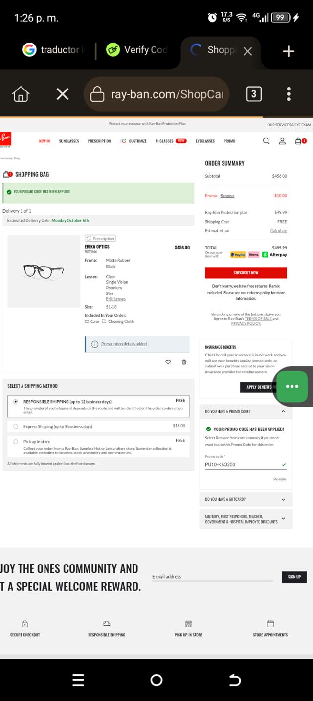 Ray-Ban checkout page showing Ray-Ban promo code box | Screenshot taken by SimplyCodes community member on Sep 18, 2025