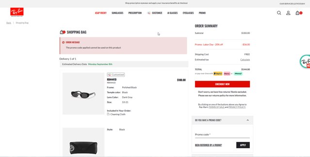 Ray-Ban checkout page showing Ray-Ban promo code box | Screenshot taken by SimplyCodes community member on Aug 29, 2025