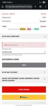Ray-Ban coupon verification screenshot