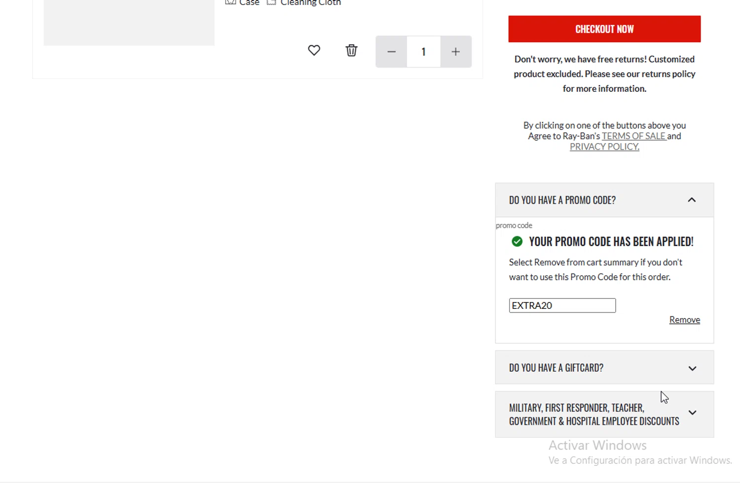 Ray-Ban checkout page showing Ray-Ban promo code box | Screenshot taken by SimplyCodes community member on Dec 1, 2025