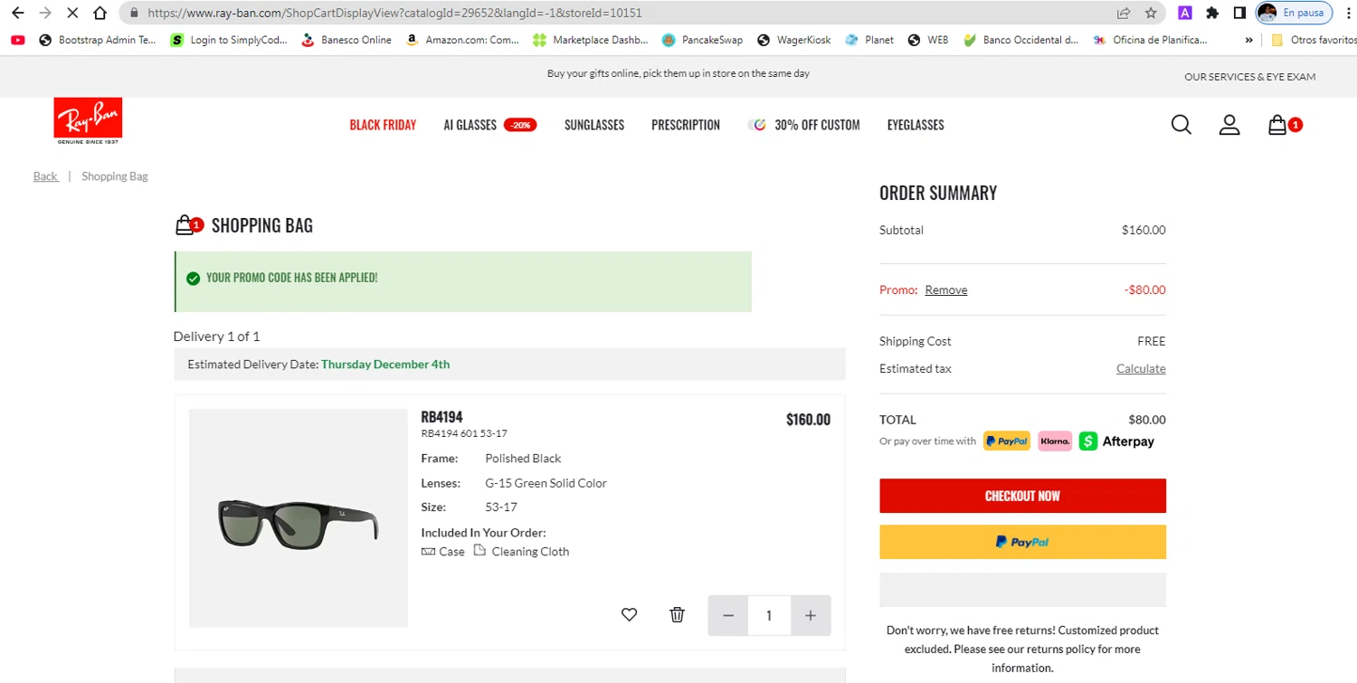 Ray-Ban promo code screenshot showing code EXTRA20 applied at Ray-Ban checkout page. Uploaded by SimplyCodes community member pollima on Nov 25, 2025