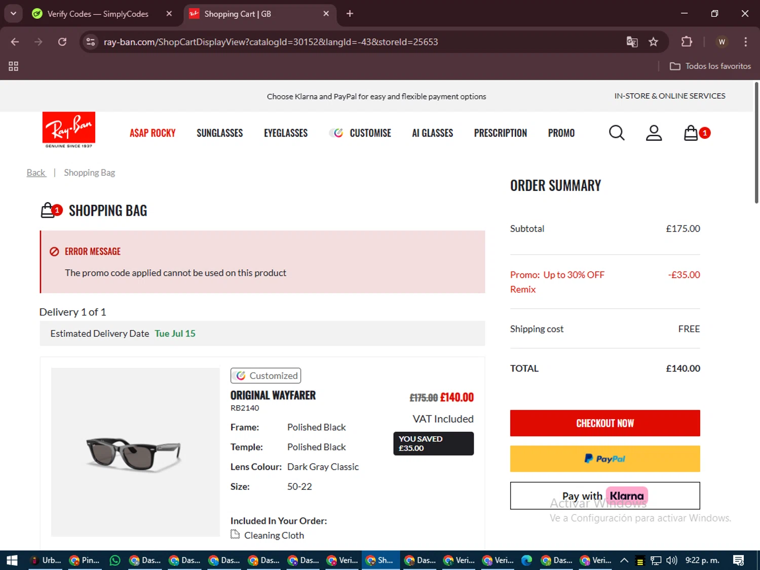 Ray-Ban promo code screenshot showing code VC-0IAZ7 applied at Ray-Ban checkout page. Uploaded by SimplyCodes community member DealMaestro2101 on Jul 7, 2025