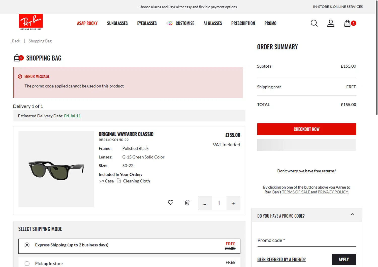 Ray-Ban promo code screenshot showing code VC-0IAZ7 applied at Ray-Ban checkout page. Uploaded by SimplyCodes community member GoldPhoenix3793 on Jul 10, 2025
