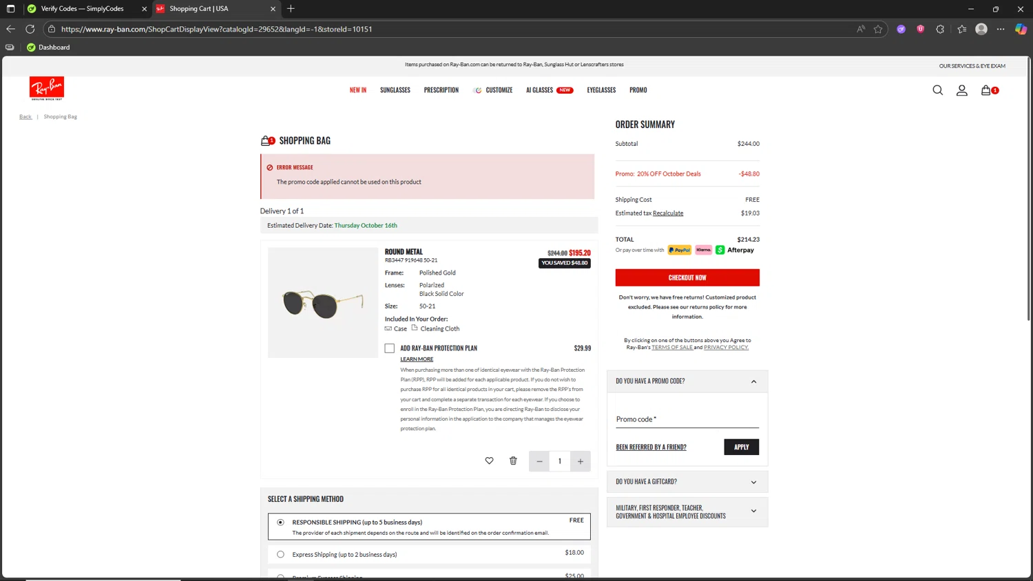 Ray-Ban promo code screenshot showing code BE10-ACI8ZI applied at Ray-Ban checkout page. Uploaded by SimplyCodes community member Akatsuki on Oct 8, 2025
