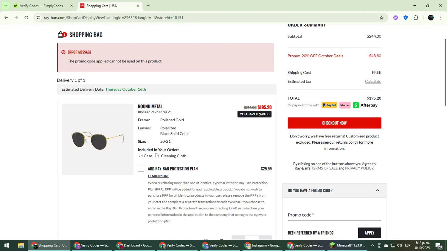 Ray-Ban promo code screenshot showing code BE10-ACI8ZI applied at Ray-Ban checkout page. Uploaded by SimplyCodes community member CarmenVGR on Oct 8, 2025