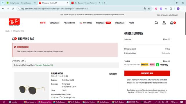 Ray-Ban checkout page showing Ray-Ban promo code box | Screenshot taken by SimplyCodes community member on Sep 30, 2025