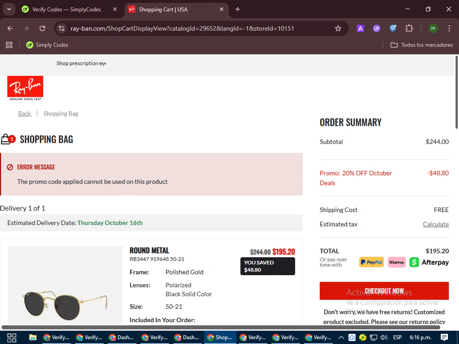 Ray-Ban promo code screenshot showing code BE10-ACI8ZI applied at Ray-Ban checkout page. Uploaded by SimplyCodes community member VoucherCollector9196 on Oct 8, 2025