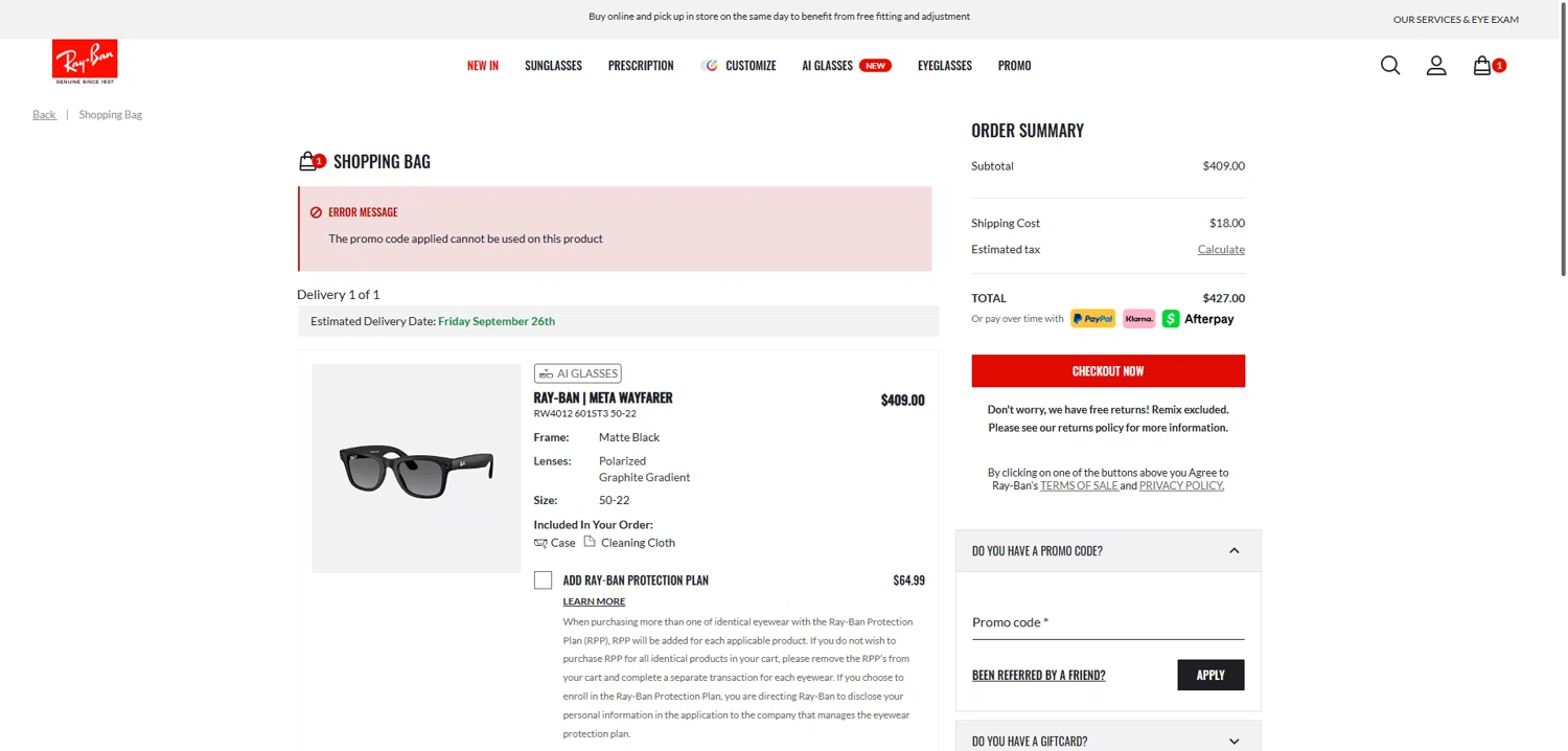 Ray-Ban promo code screenshot showing code BE10-IHPBCL applied at Ray-Ban checkout page. Uploaded by SimplyCodes community member TreasureScholar8716 on Sep 24, 2025