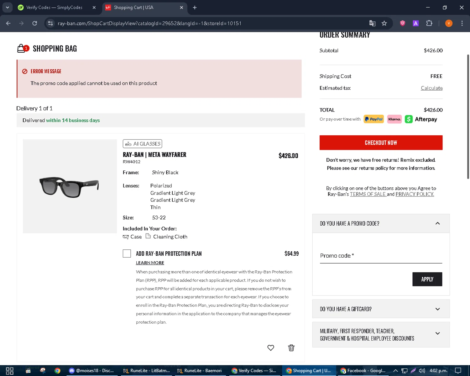 Ray-Ban promo code screenshot showing code BE10-IHPBCL applied at Ray-Ban checkout page. Uploaded by SimplyCodes community member bulbasaur69 on Sep 23, 2025