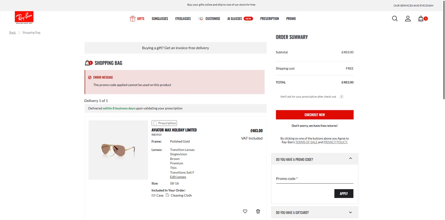 Ray-Ban promo code screenshot showing code VC-R79EU applied at Ray-Ban checkout page. Uploaded by SimplyCodes community member FortunateDefender7285 on Dec 7, 2025