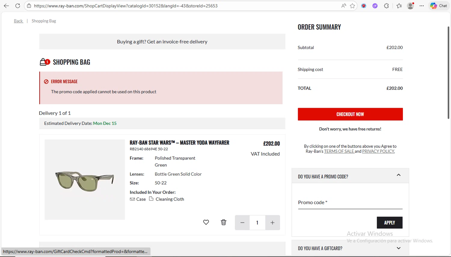 Ray-Ban promo code screenshot showing code VC-R79EU applied at Ray-Ban checkout page. Uploaded by SimplyCodes community member Franco20 on Dec 7, 2025