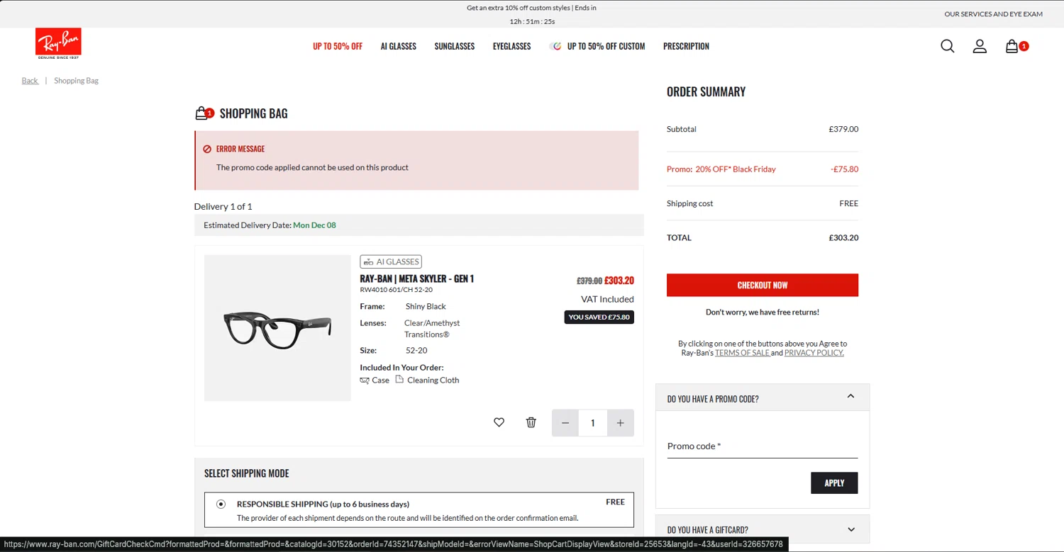 Ray-Ban promo code screenshot showing code VC-D7IGR applied at Ray-Ban checkout page. Uploaded by SimplyCodes community member STEVE20 on Nov 30, 2025
