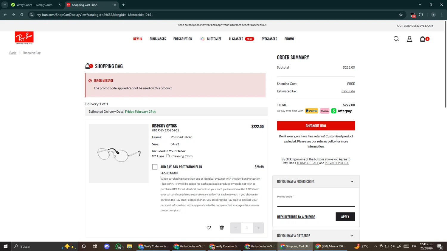 Ray-Ban checkout page showing Ray-Ban promo code box | Screenshot taken by SimplyCodes community member on Feb 20, 2026