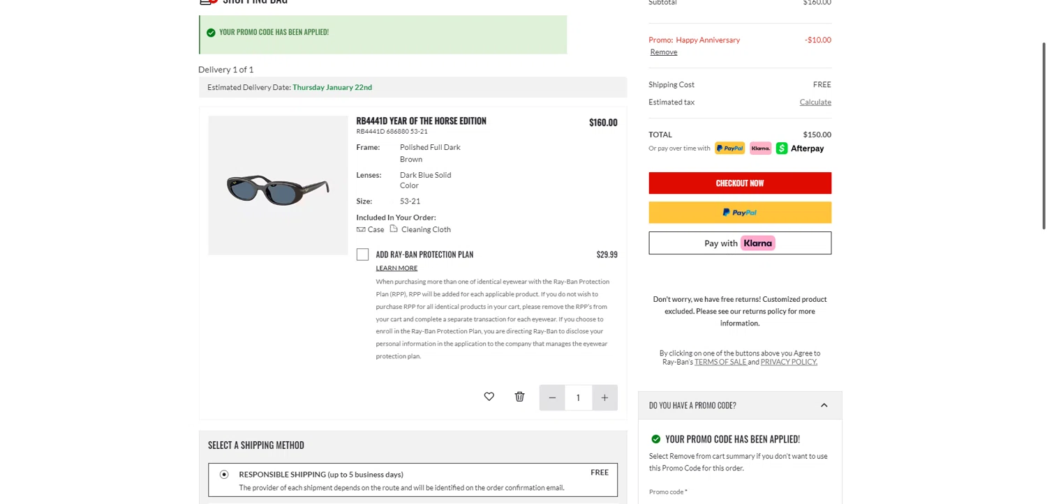 Ray-Ban promo code screenshot showing code ANNIVERSARY-JAN26US applied at Ray-Ban checkout page. Uploaded by SimplyCodes community member NobleMaestro6498 on Jan 14, 2026