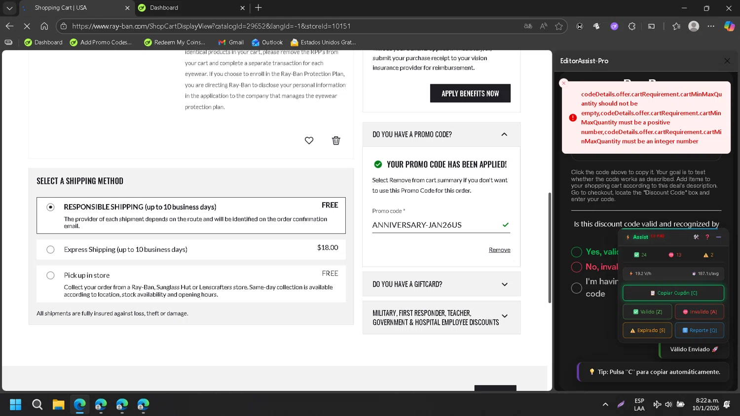 Ray-Ban checkout page showing Ray-Ban promo code box | Screenshot taken by SimplyCodes community member on Jan 10, 2026
