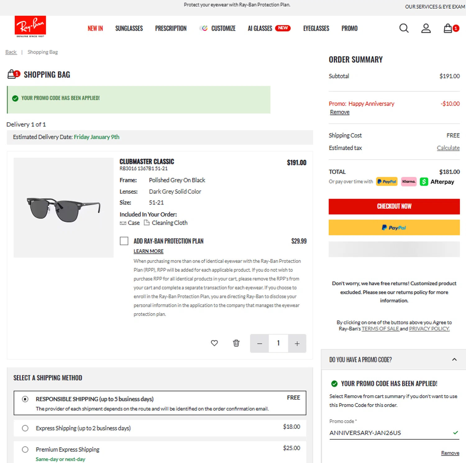 Ray-Ban promo code screenshot showing code ANNIVERSARY-JAN26US applied at Ray-Ban checkout page. Uploaded by SimplyCodes community member reggiesmith on Jan 2, 2026