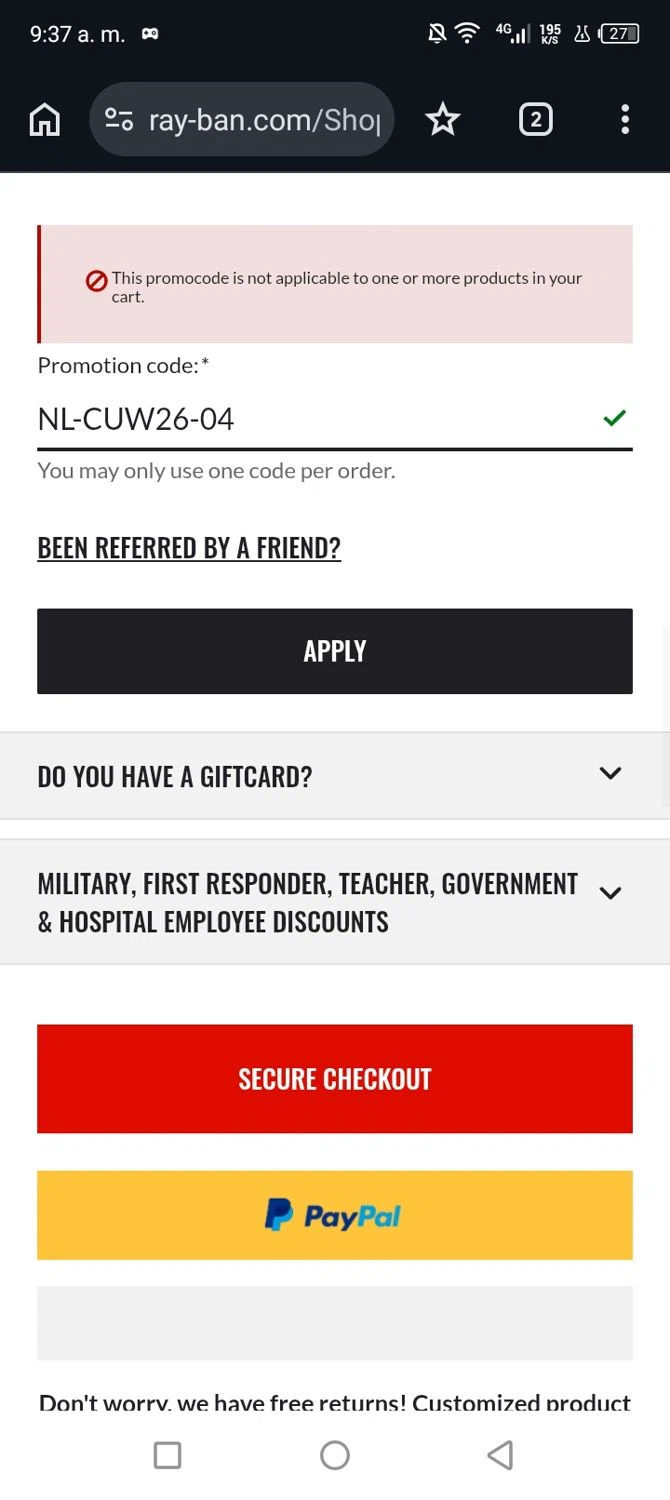 Verification screenshot for 20% Off Sunglasses, Glasses Frames, Accessories (members Only) at Ray-Ban — 36d ago
