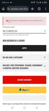 Ray-Ban coupon verification screenshot
