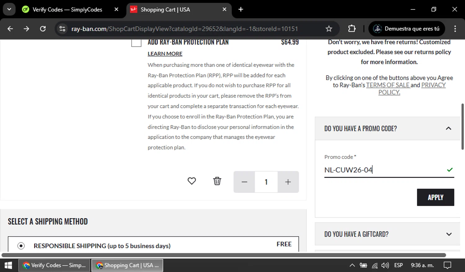 Verification screenshot for 20% Off Sunglasses, Glasses Frames, Accessories (members Only) at Ray-Ban — 36d ago