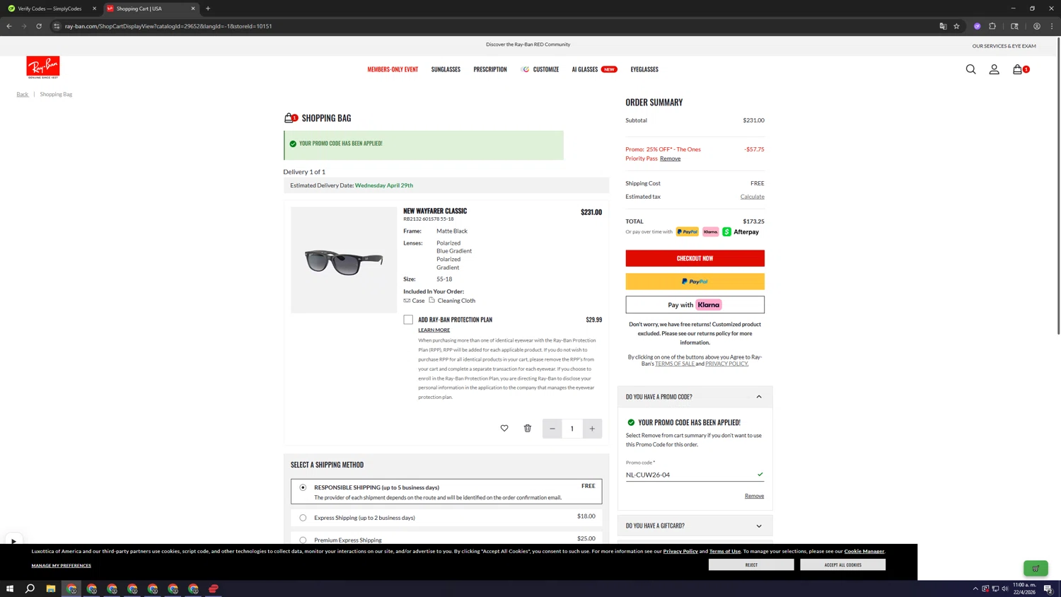Verification screenshot for 20% Off Sunglasses, Glasses Frames, Accessories (members Only) at Ray-Ban — 44d ago