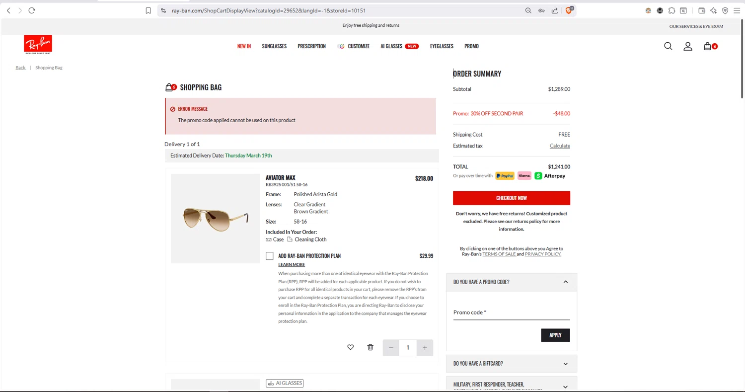 Verification screenshot for 40% Off Select Catgories at Ray-Ban — 2mo ago