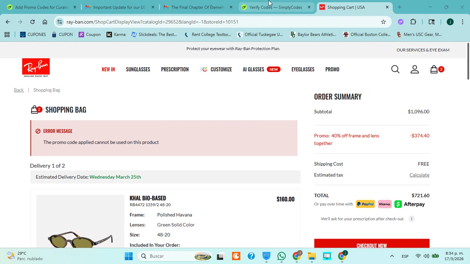 Verification screenshot for 20% Off Selected Styles at Ray-Ban — 2mo ago