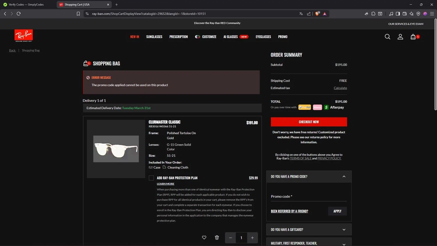 Verification screenshot for $30 Off Storewide at Ray-Ban — 2mo ago