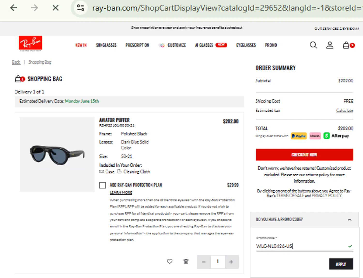 Verification screenshot for $10 Off Select Items at Ray-Ban - 21d ago