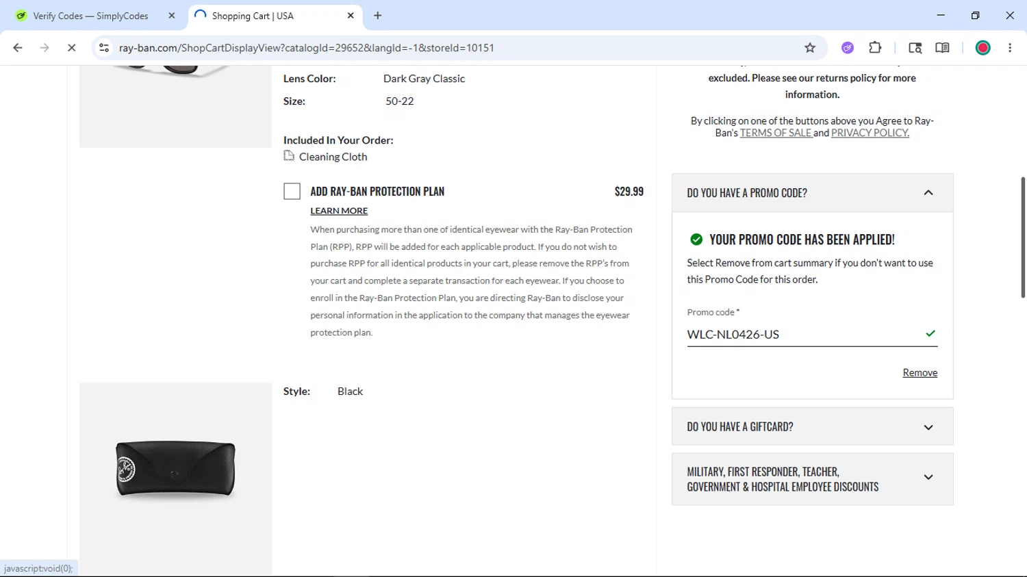 Verification screenshot for $10 Off Select Items at Ray-Ban — 20d ago