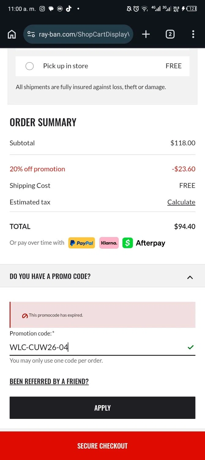 Verification screenshot for 25% Off Sunglasses at Ray-Ban — 27d ago