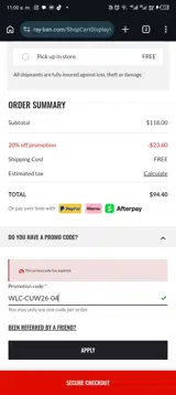 Ray-Ban coupon verification screenshot