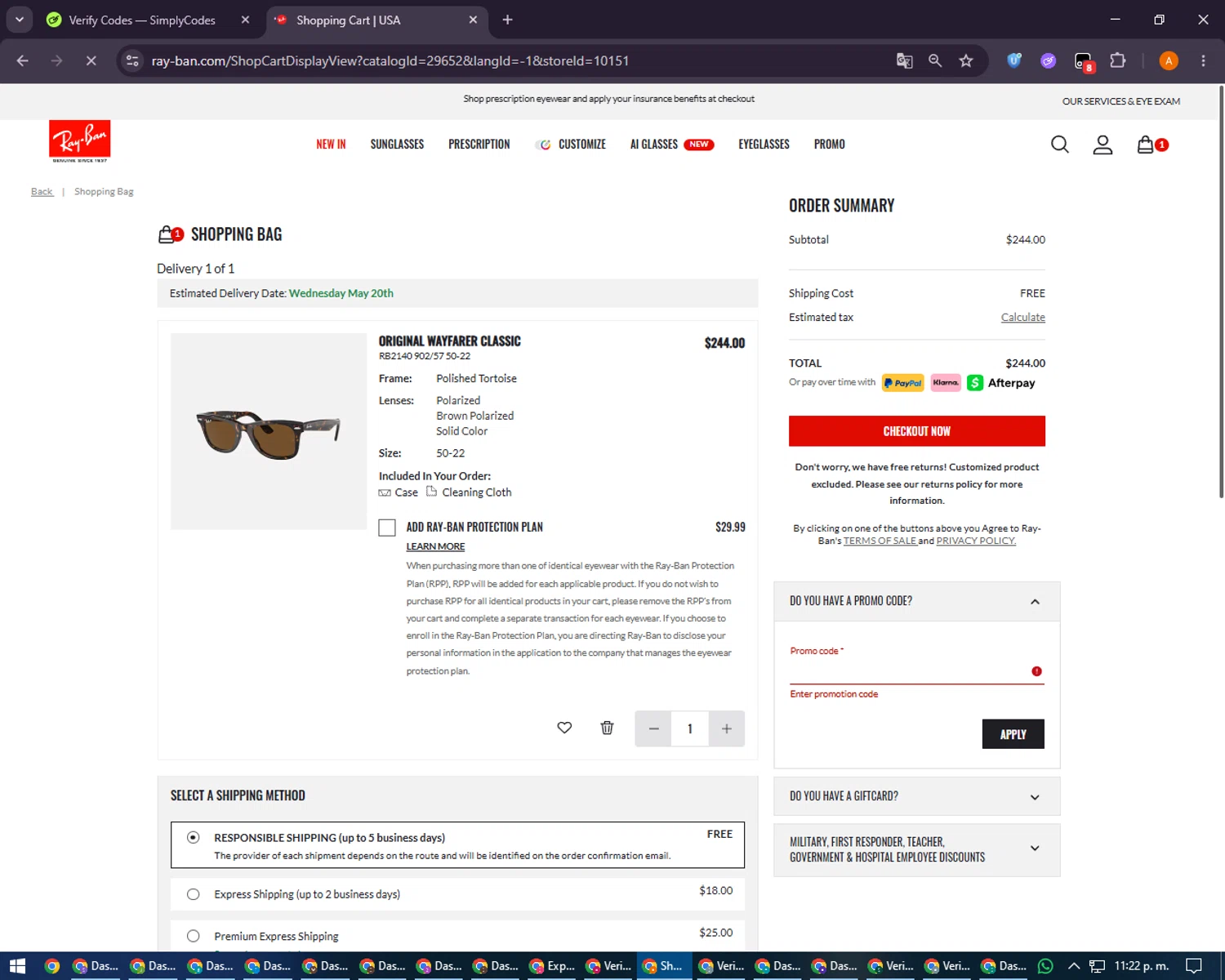 Verification screenshot for 10% Off Your First Online Purchase at Ray-Ban - 47d ago