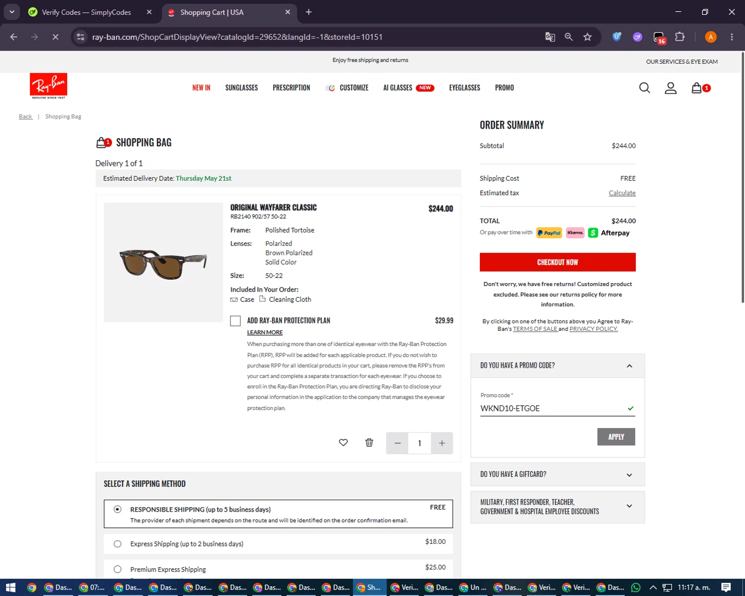 Verification screenshot for 10% Off Your First Online Purchase at Ray-Ban - 45d ago